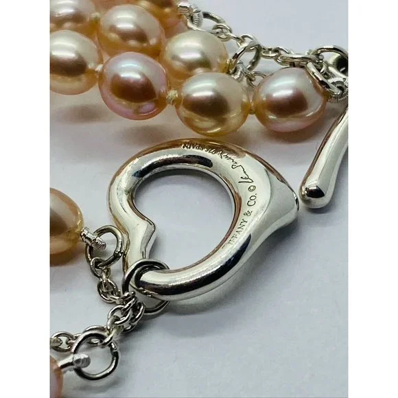 Tiffany & co. Elsa Peretti 3 Row Pink Pearl Heart Silver 925 Bracelet 7.5